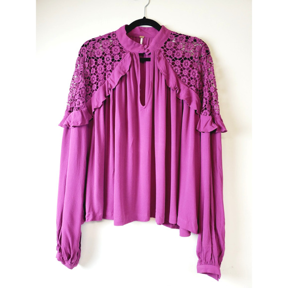Free People Womens Medium Top Little Bit of Love Ruffle Raspberry Pink Lace - Picture 12 of 12